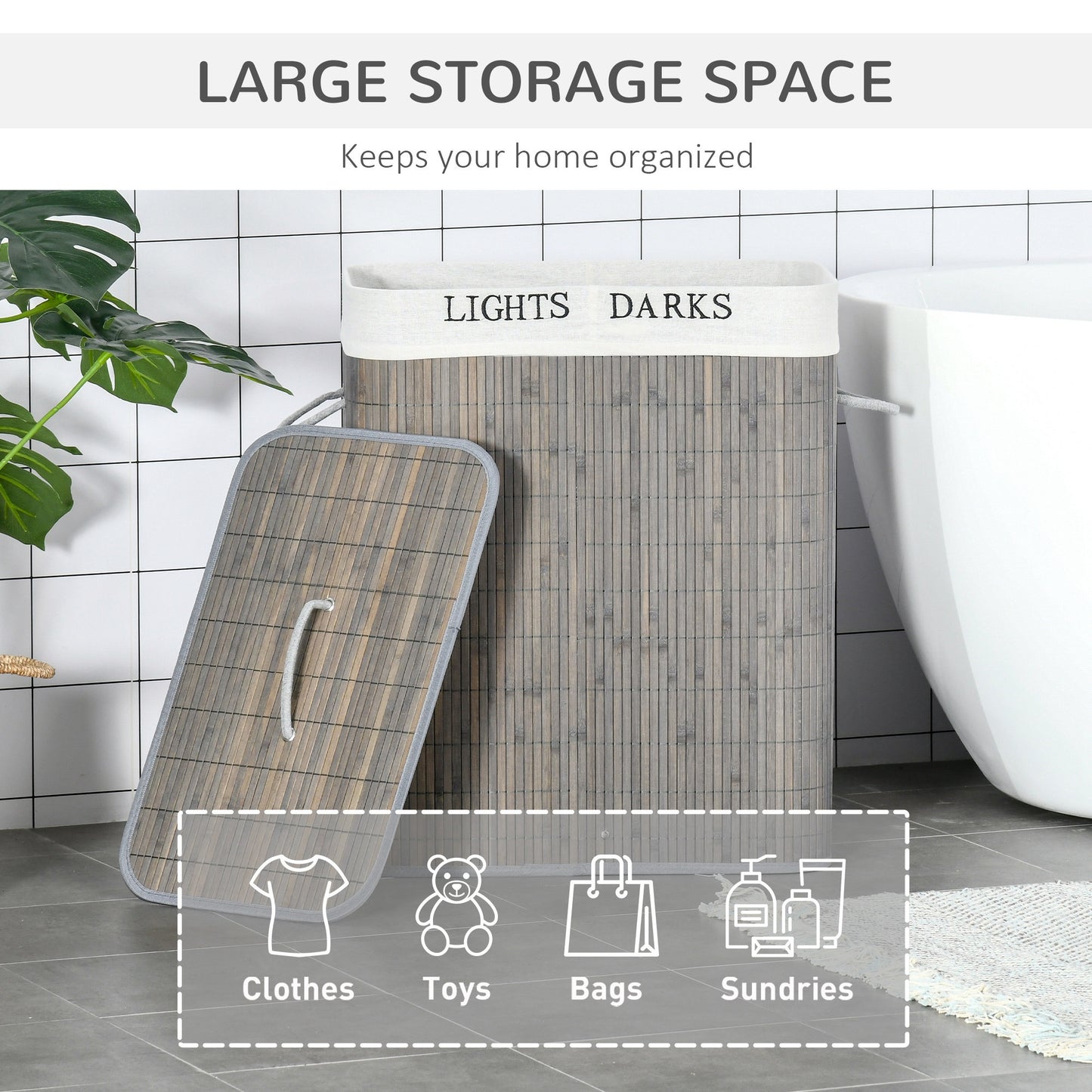Laundry Basket with Flip Lid String Handles, 2 Section Collapsible Hamper Removable Lining Foldable Water-Resistant Dirty Clothes Storage 100L