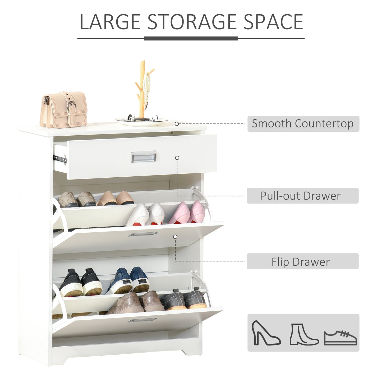 Tipping Shoe Cabinet Storage Rack Entryway Organiser with 2 Pull-Down Doors and Drawer Adjustable Shelf for Hallway Porch Narrow Space