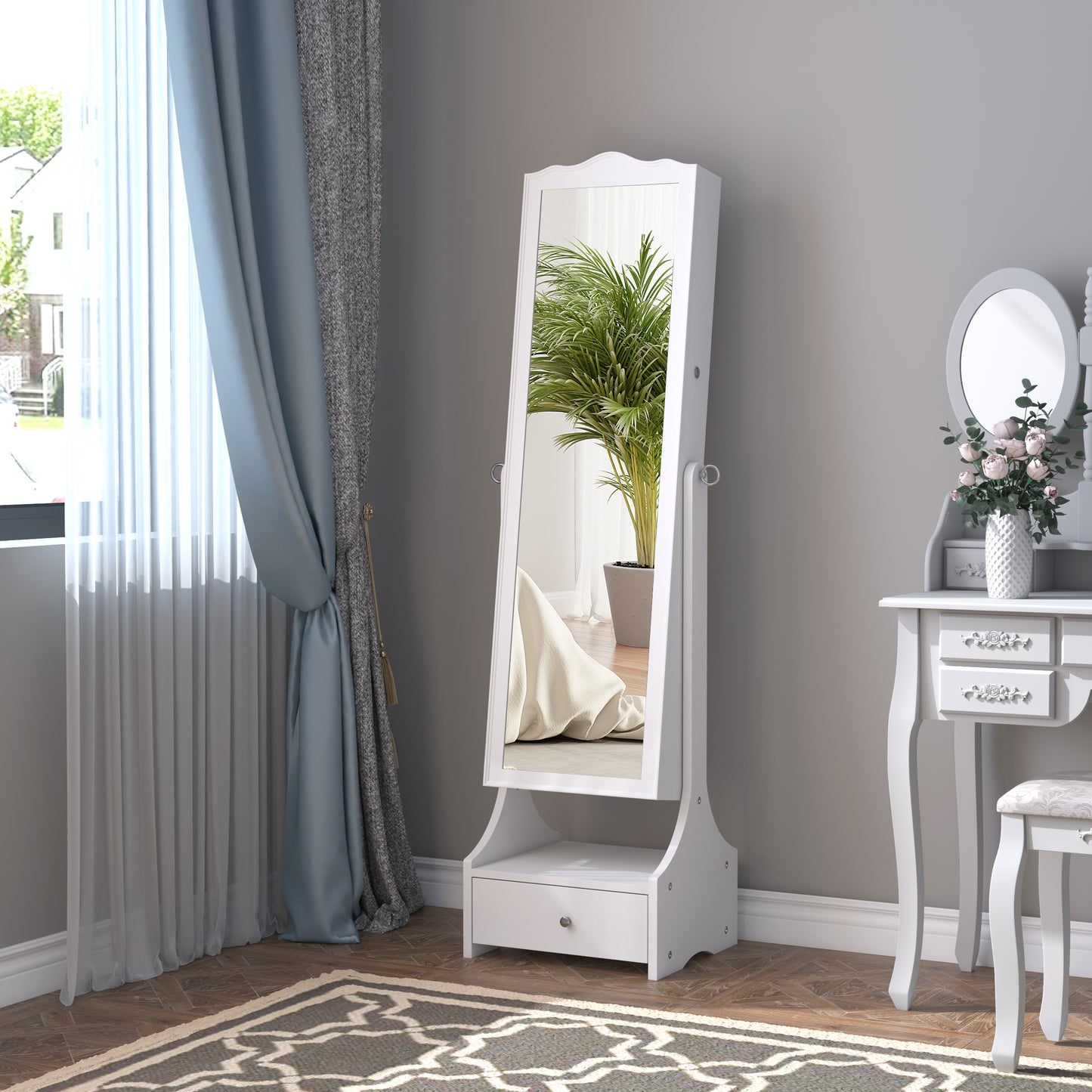 Jewellery Cabinet with led, Mirror Cabinet Armoire Floor Standing Flip-over Makeup Shelf Organizer with lock white