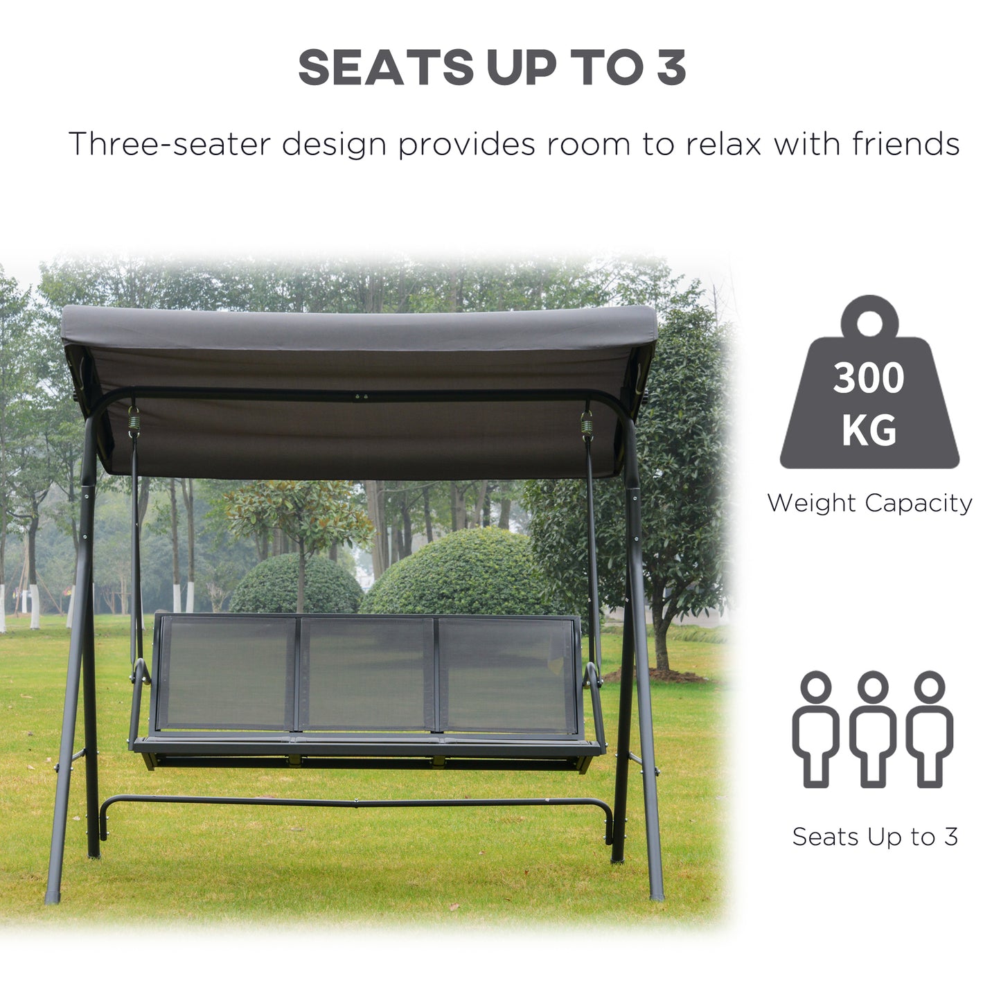 Outsunny Outdoor Garden 3 Seater Swing Chair Seat Hammock With Canopy Steel Frame - Grey