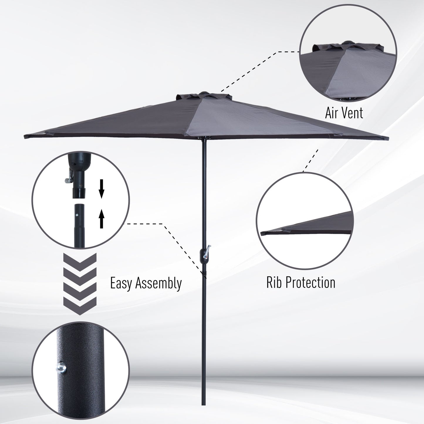 Outsunny 3 m Half Round Umbrella Parasol-Grey Polyester/Aluminum