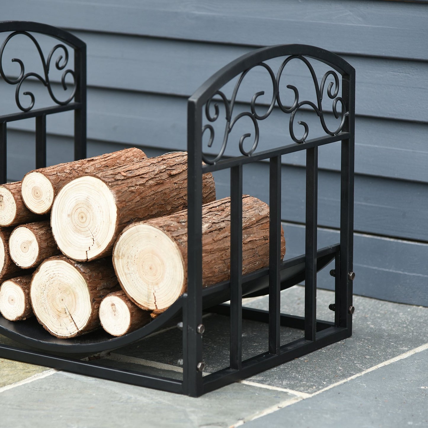 Outsunny Wrought Iron Inner Arced Wood Log Holder Indoor Outdoor Storage Shelf w/ Elegant Scrolls Rust-Resistant Stacker Black