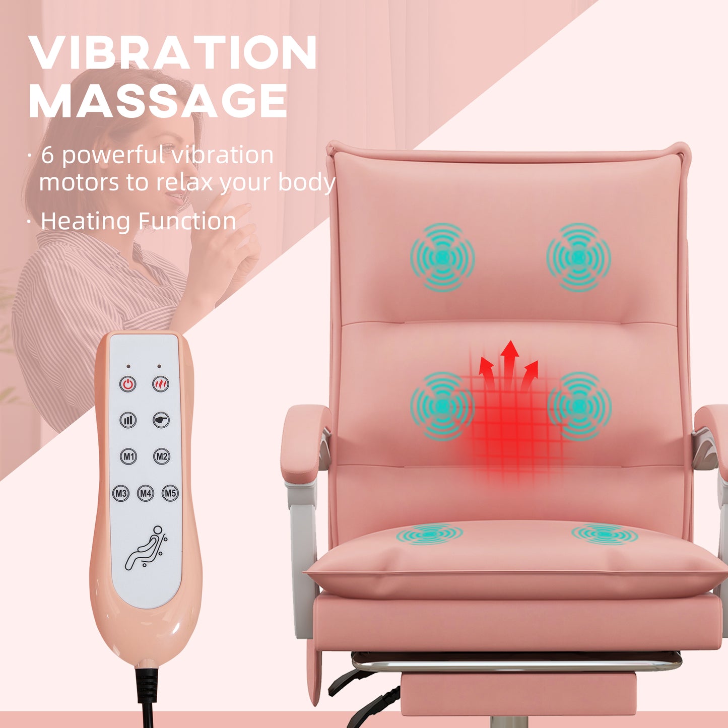 Vinsetto Vibration Massage Office Chair with Heat, Faux Leather Computer Chair with Footrest, Armrest, Reclining Back, Double-tier Padding, Pink