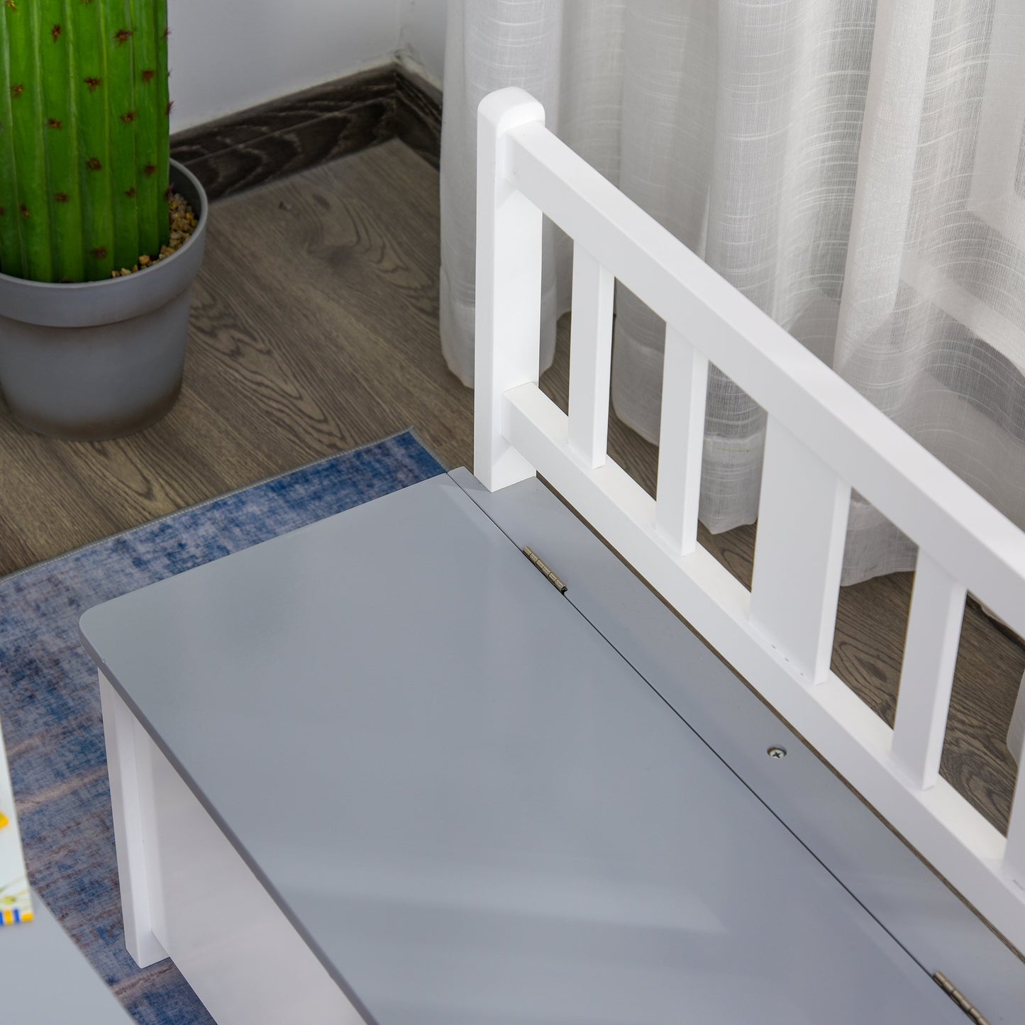 4-Piece Kids Table Set with 2 Wooden Chairs, 1 Storage Bench, and Interesting Modern Design, Grey/White