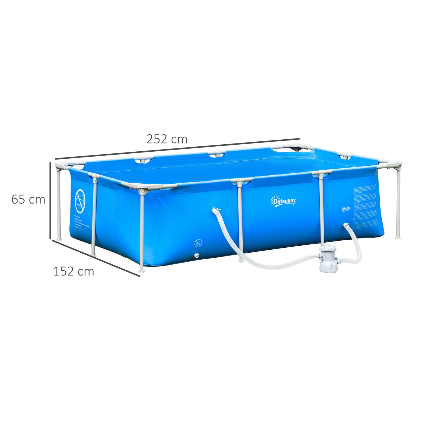 Outsunny Steel Frame Pool with Filter Pump and Filter Cartridge Rust Resistant Above Ground Pool with Reinforced Sidewalls, 252 x 152 x 65cm, Blue