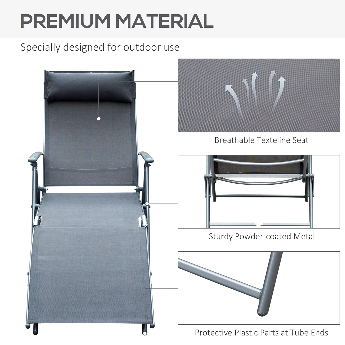 Outsunny Texteline Sun Lounger Recliner Chair Patio Foldable Garden 5 Levels Grey