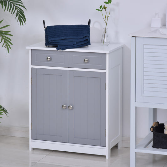 Kleankin Bathroom Storage Cabinet Free-Standing Bathroom Cabinet Unit w/ 2 Drawers Cupboard Adjustable Shelf Metal Handles 75x60cm - Grey and White