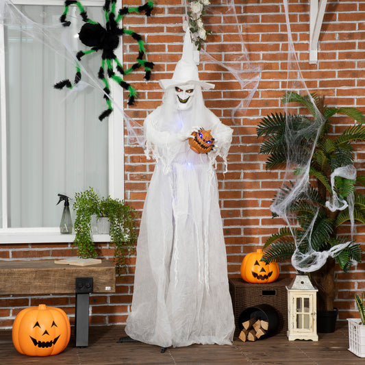 72 Inch Halloween Decorations White Witch Holding Pumpkin Head, Standing Skeleton Ghost Prop Life Size, Motion Activated Light Up Eyes Body