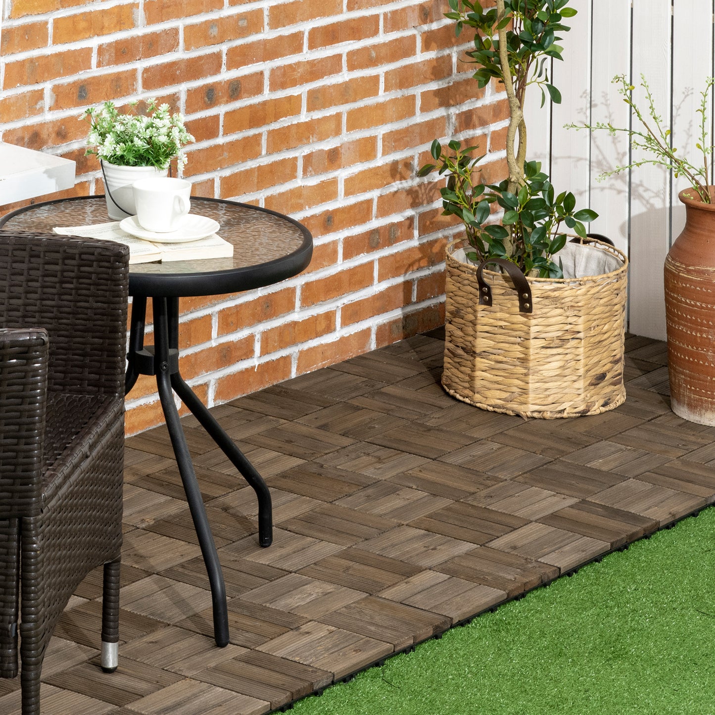 Outsunny 27 Pieces Wooden Interlocking Decking Tiles, Outdoor Flooring Tiles for Patio, Balcony, Terrace, Hot Tub, 30 x 30 cm per Piece, Charcoal Grey