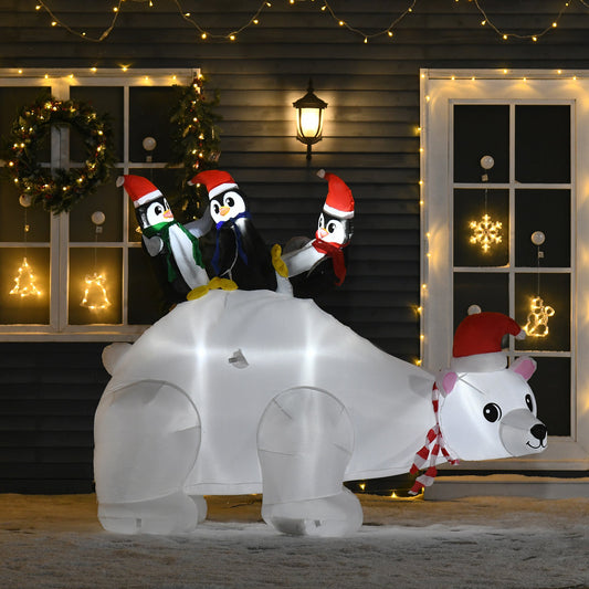 5ft Outdoor Christmas Inflatable With LED Light, Lighted Blow Up Polar Bear With Three Penguins, Giant Yard Party Decoration For Garden Lawn