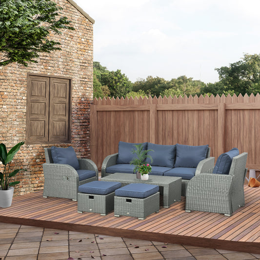 Outsunny 6 Piece Outdoor Rattan Wicker Furniture Set with 3-Seat Sofa, 2 Single Sofas, 2 Footstools and Coffee Table
