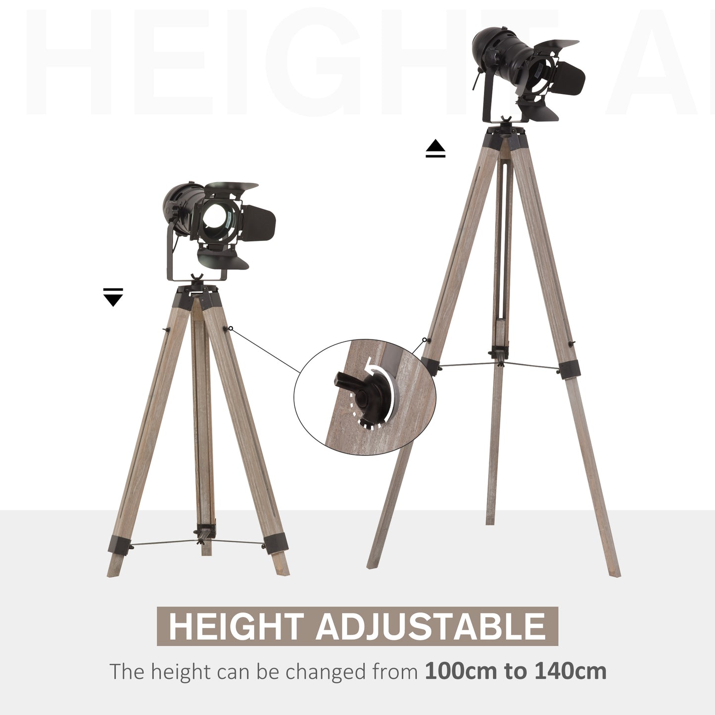 Industrial Style Tripod Floor Lamp Vintage Spotlight Reading Lamp w/ Wood Metal Legs E27 Base Versatile Use For Living Room Bedroom