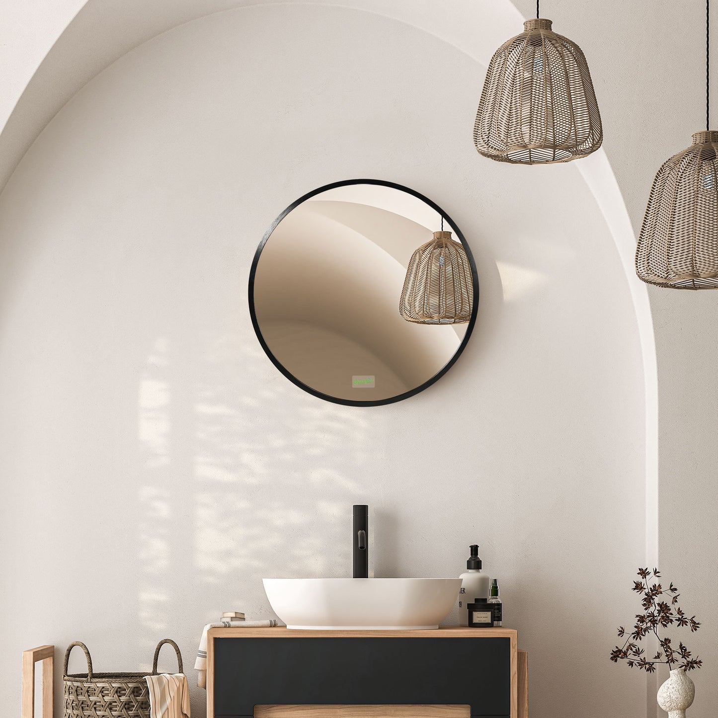 Kleankin Round Bathroom Mirror, Modern Wall-mounted Makeup Mirror with Aluminium Frame for Washroom Living Room, Black, 40x40 cm
