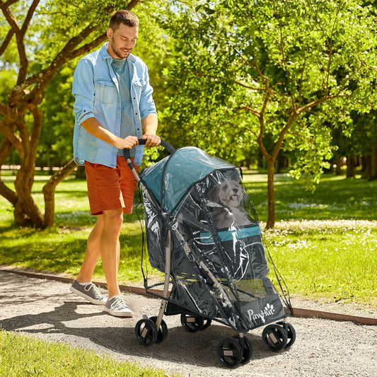 PawHut Oxford Pet Stroller for Small Minatare Dogs with Rain Cover Dark Green