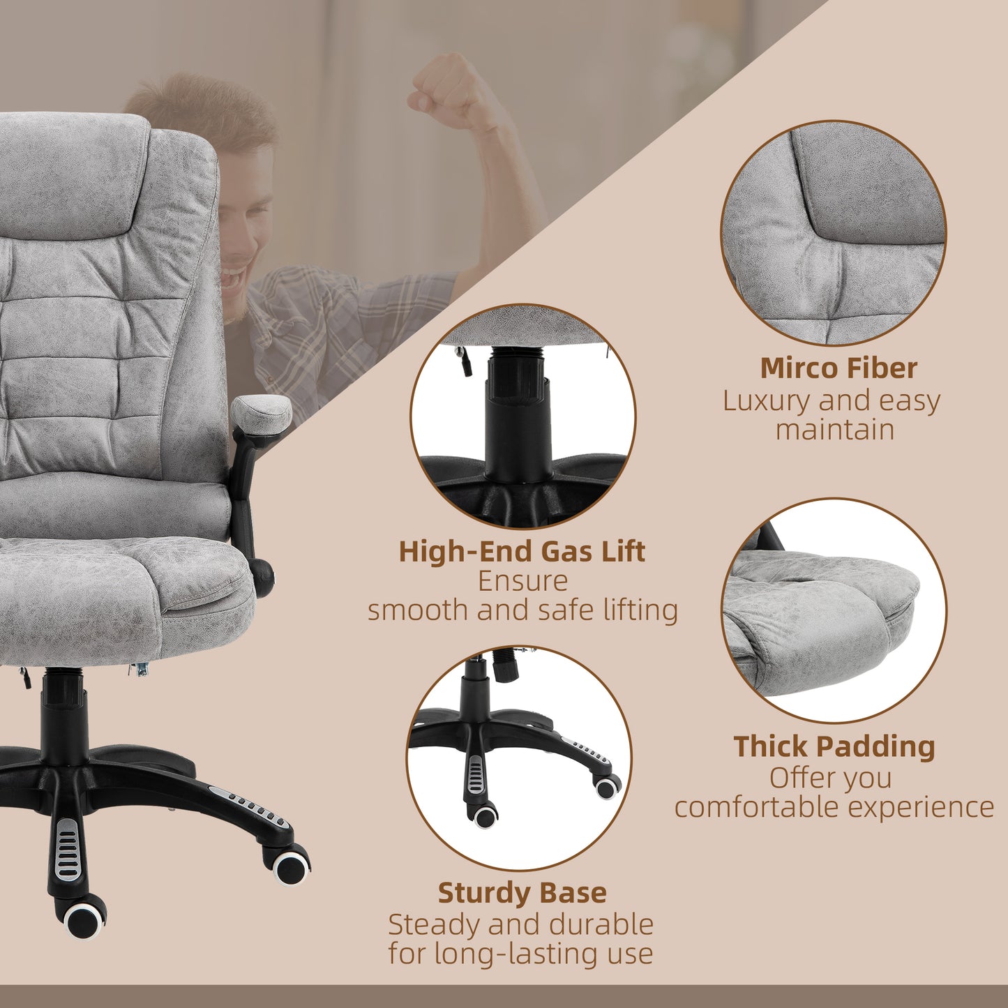 Heated Massage Recliner Office Chair | 6 Point Massage | Microfiber Cloth | High Back | Armrests | 130° Recline | 360° Swivel | Height Adjustable 107-116cm | 120kg | Grey