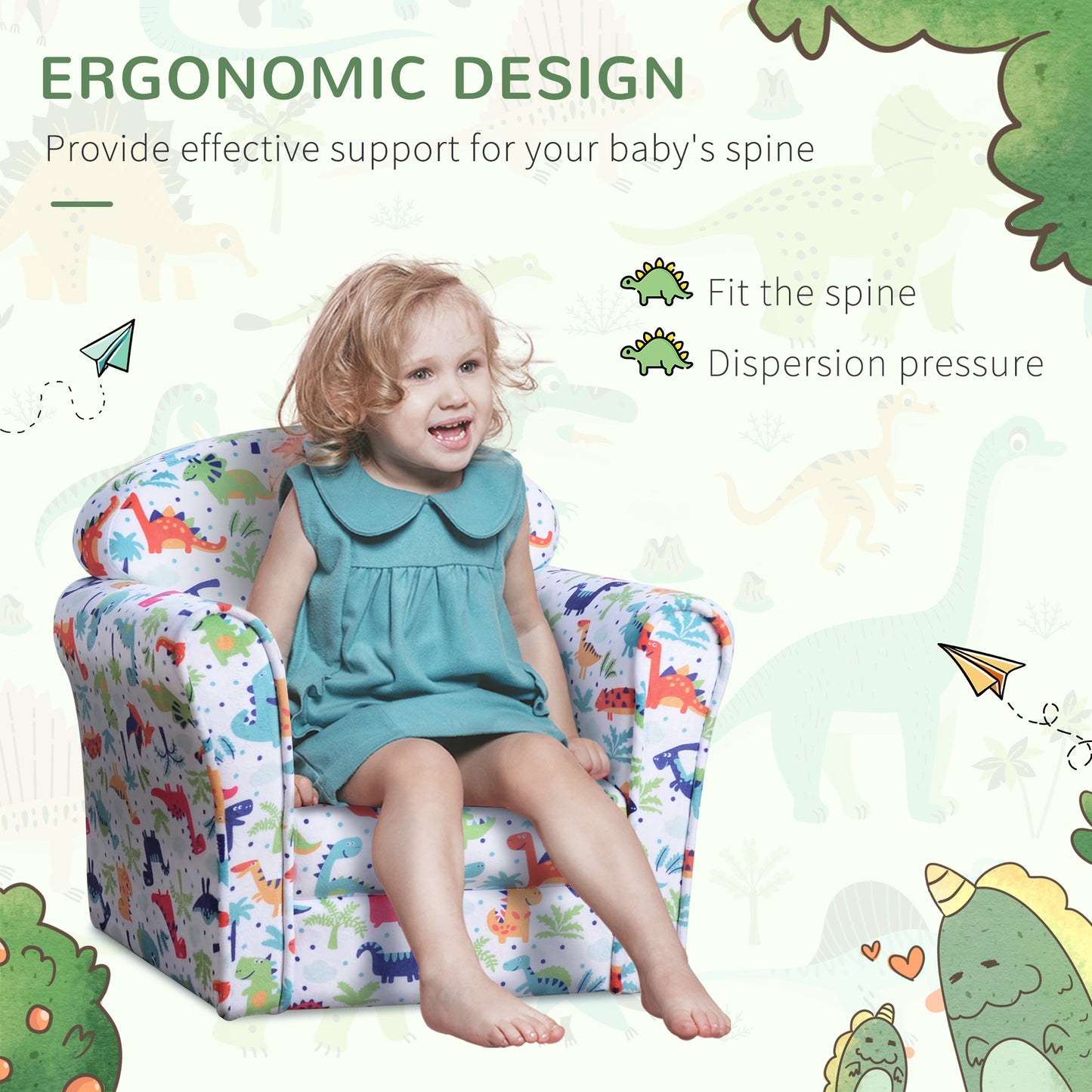 Children's Armchair Kids Sofa Tub Chair Seat Cartoon Dinosaur Pattern Bedroom Flannel Wooden Frame Non-slip Playroom Seater