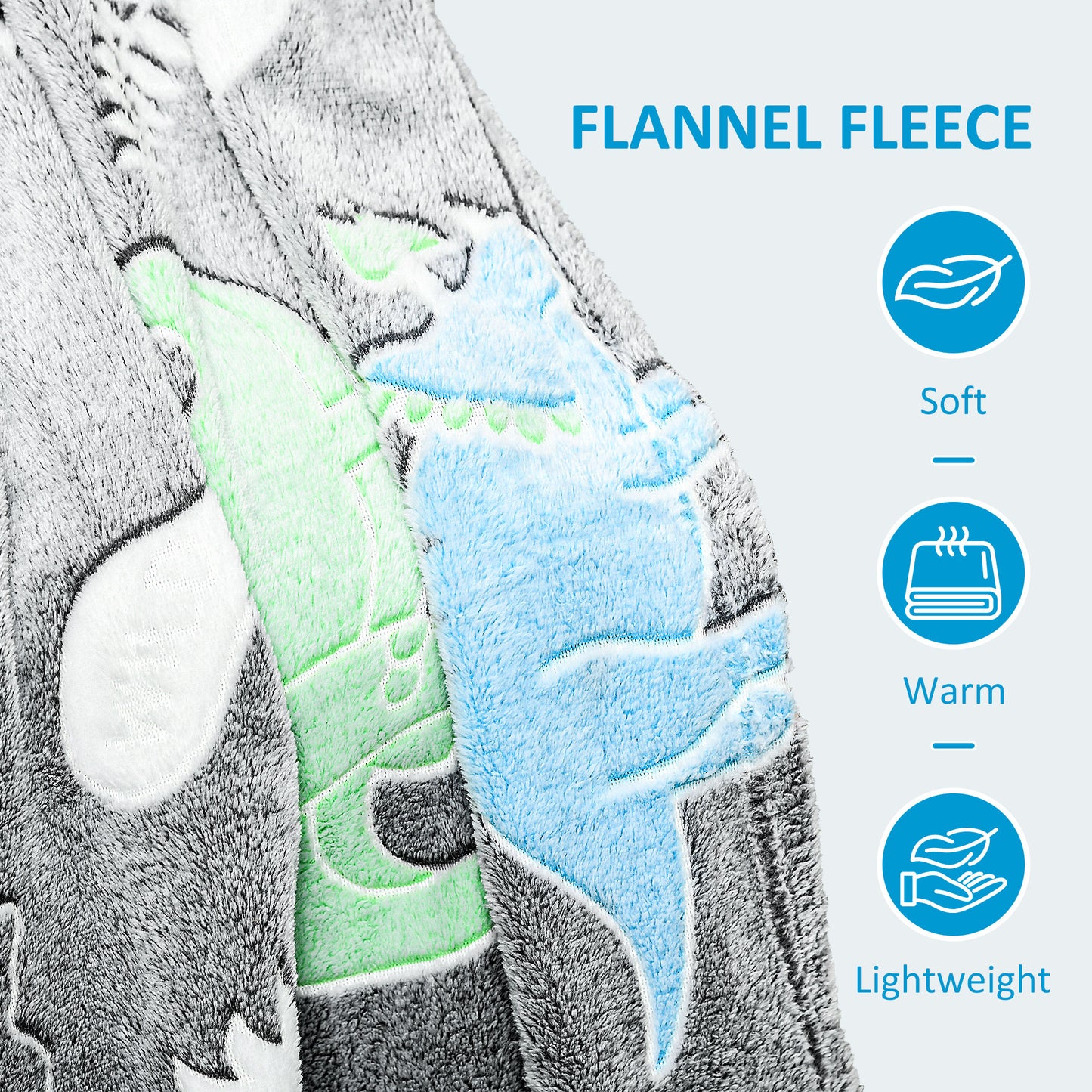 Glow in The Dark Flannel Fleece Throw Blanket, Fluffy Warm Throw Blanket, Kids Dinosaur Luminous Blanket, 203x153cm, Grey