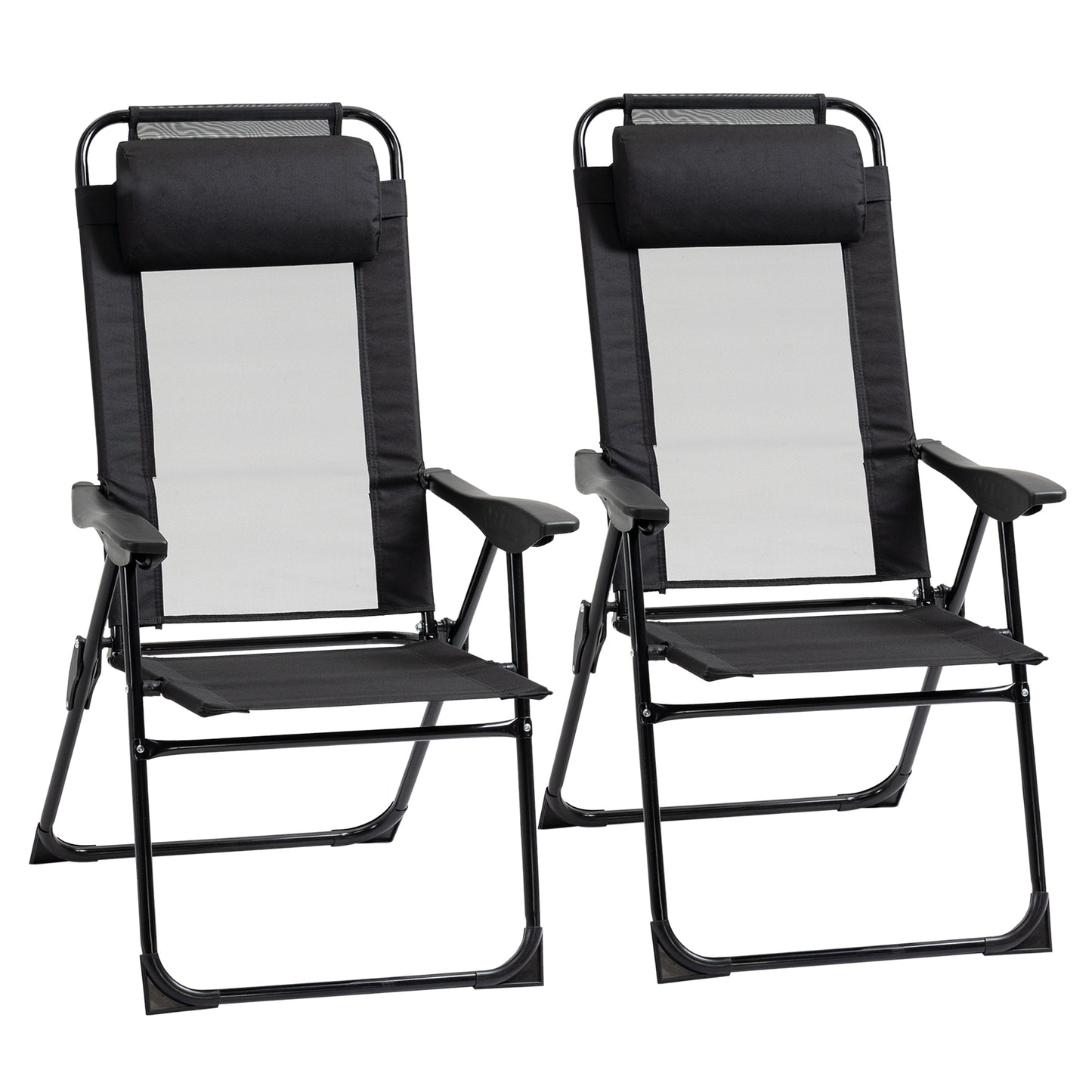 Outsunny Set of 2 Portable Folding Recliner Outdoor Patio Chaise Lounge Camping Chair with Adjustable Backrest, Black
