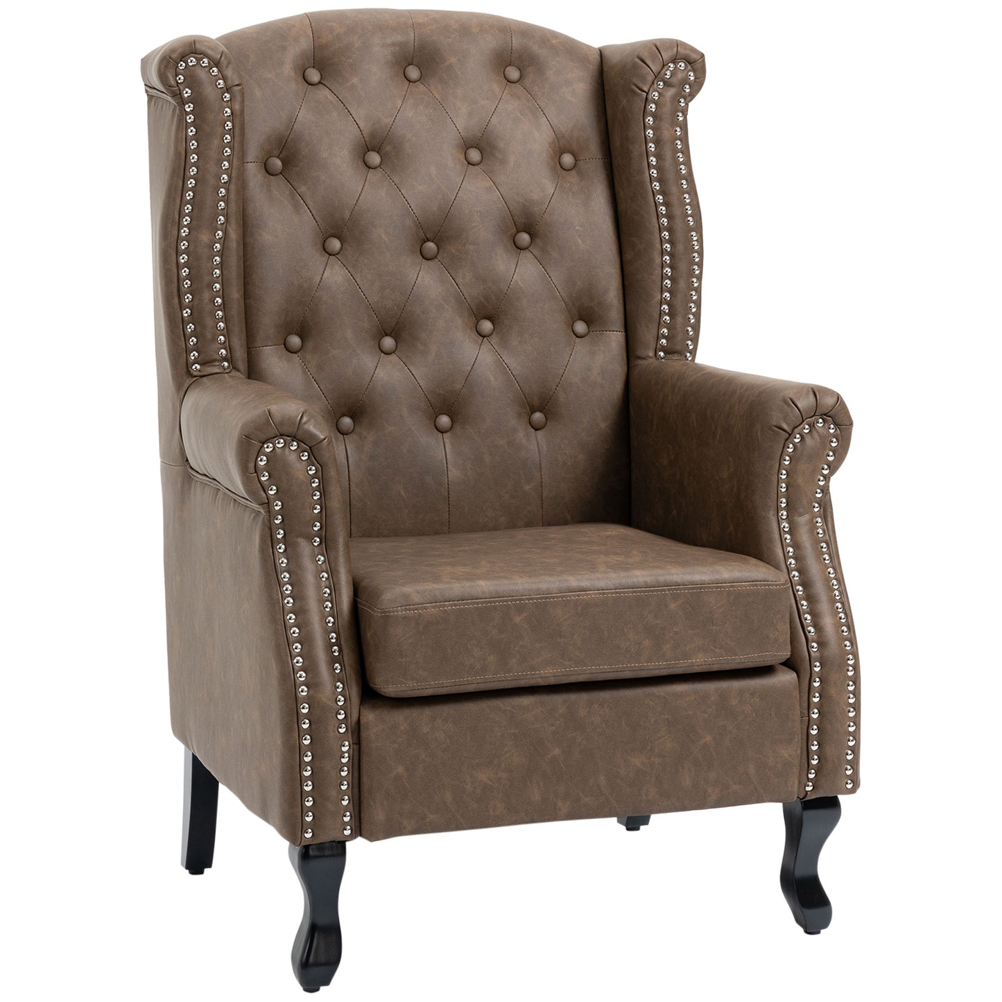 Retro Vintage Wingback Accent Chair Tufted Chesterfield-style Armchair with Nail Head Trim for Living Room Bedroom Brown