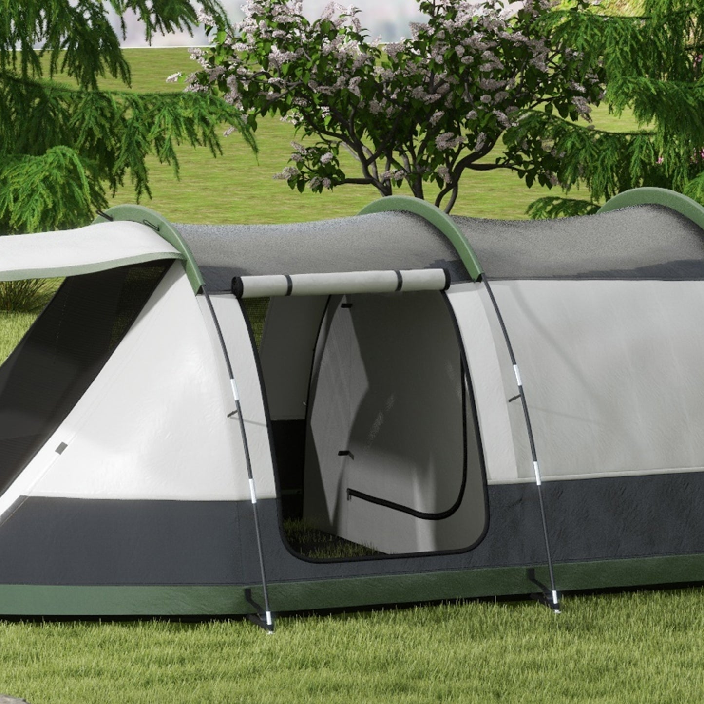 Outsunny 3-4 Man Camping Tent, Family Tunnel Tent, 2000mm Waterproof, Portable with Bag, Green