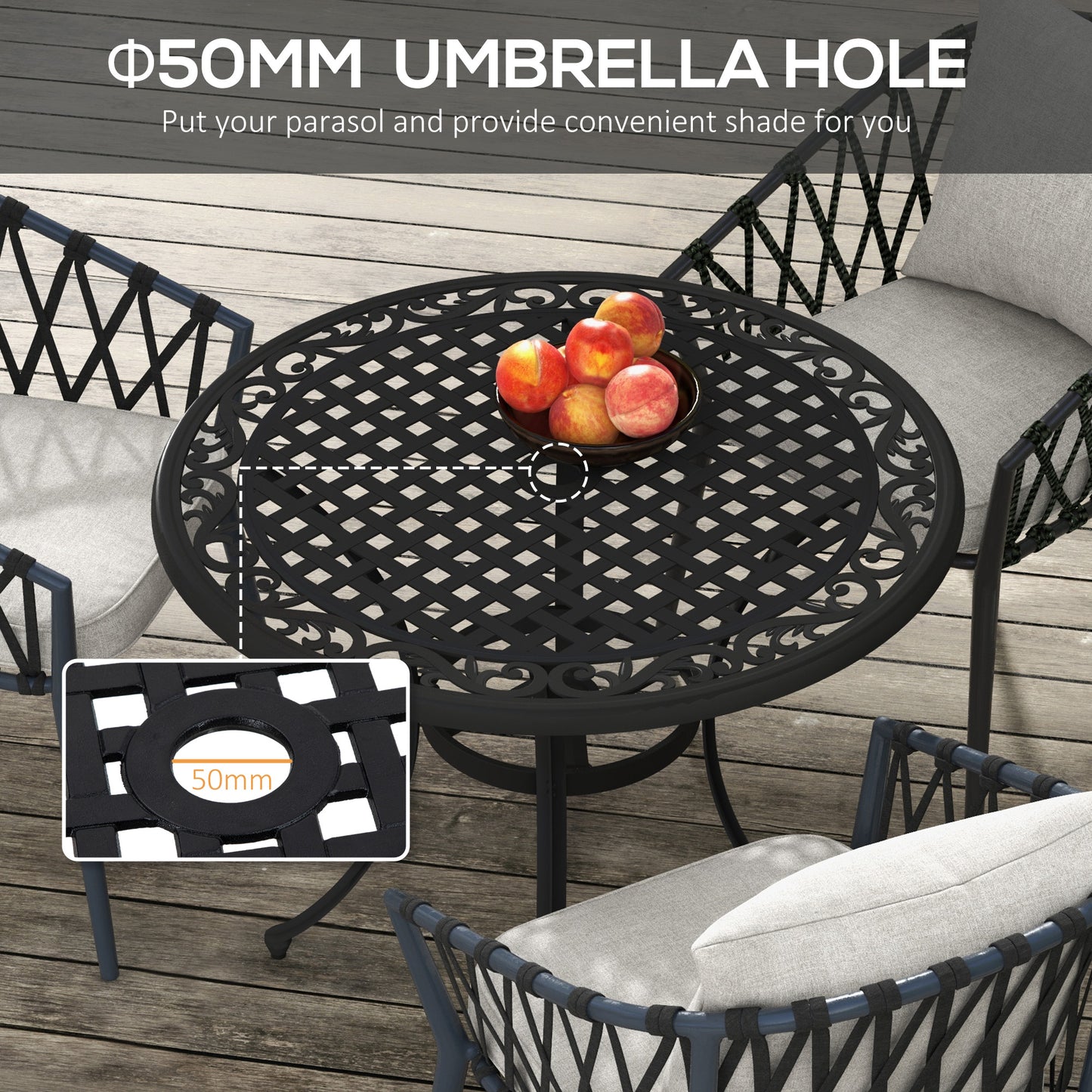 Outsunny Round Garden Table with Parasol Hole, 90cm Cast Aluminium Outdoor Dining Table for 2-4 for Balcony - Black