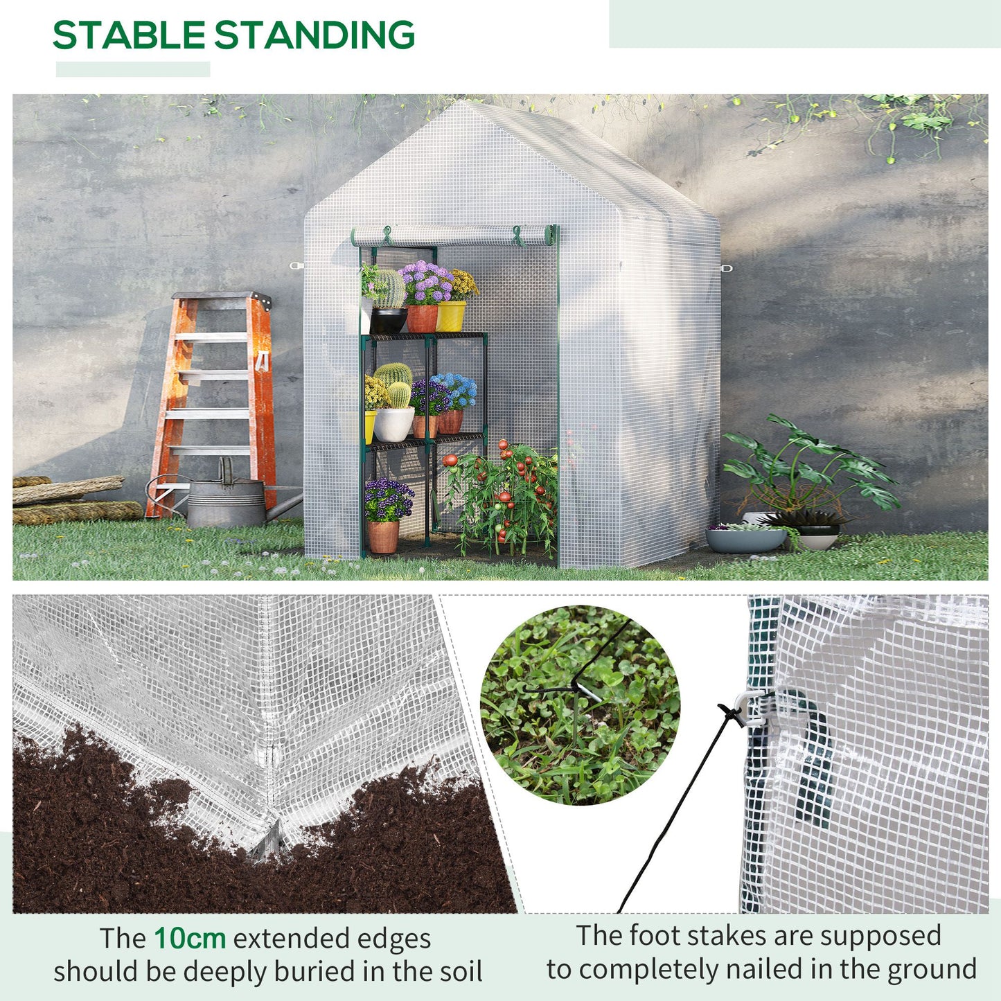 Outsunny Walk-In Greenhouse Portable Gardening Plant Grow House with 2 Tier Shelf, Roll-Up Zippered Door and PE Cover, 143 x 143 x 195 cm
