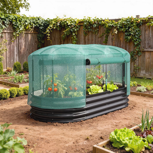 Metal raised garden bed with mesh cover growing tomatoes and lettuce in a garden