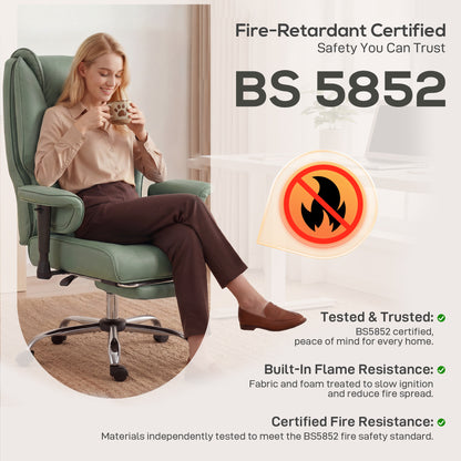 Reclining Executive Office Chair | 155° Recline | Retractable Footrest | Pocket Spring Seat | Pet-Friendly Faux Leather | Green | 120kg