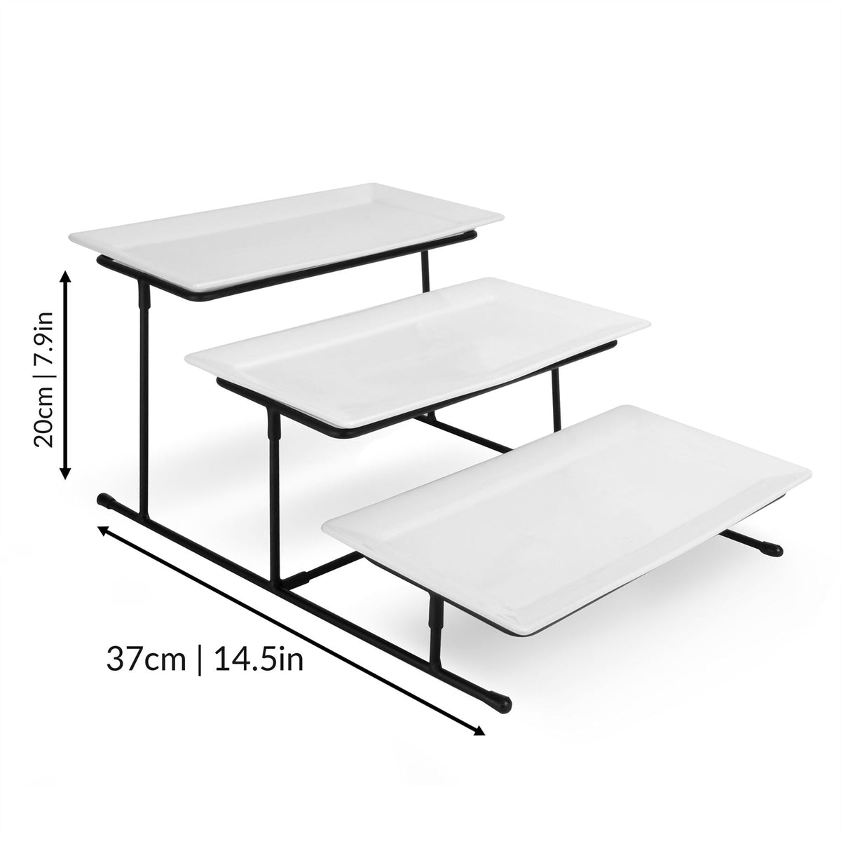 Maison & White 3 Tier Serving Stand with Ceramic Platter Plates | 37x27.5x20cm Stand | 3x Platters 29x15.5cm | Coated Iron Frame | Adjustable Angle | Fridge Safe | Fragile | 2-Year Warranty
