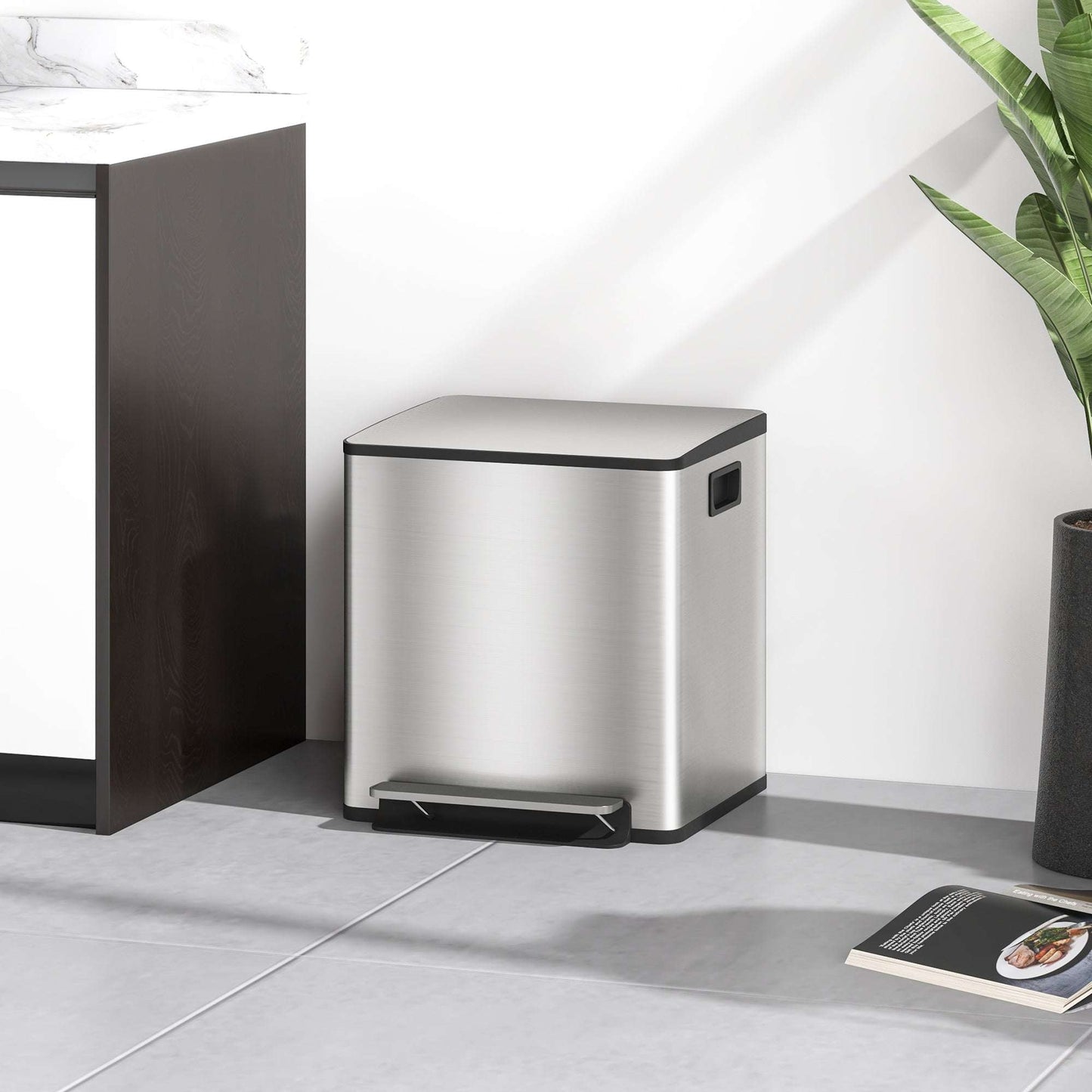 30L Dual Compartment Pedal Bin | Stainless Steel | 2x15L | Removable Buckets | Deodoriser Holders | Stay-Open | No Assembly | Silver