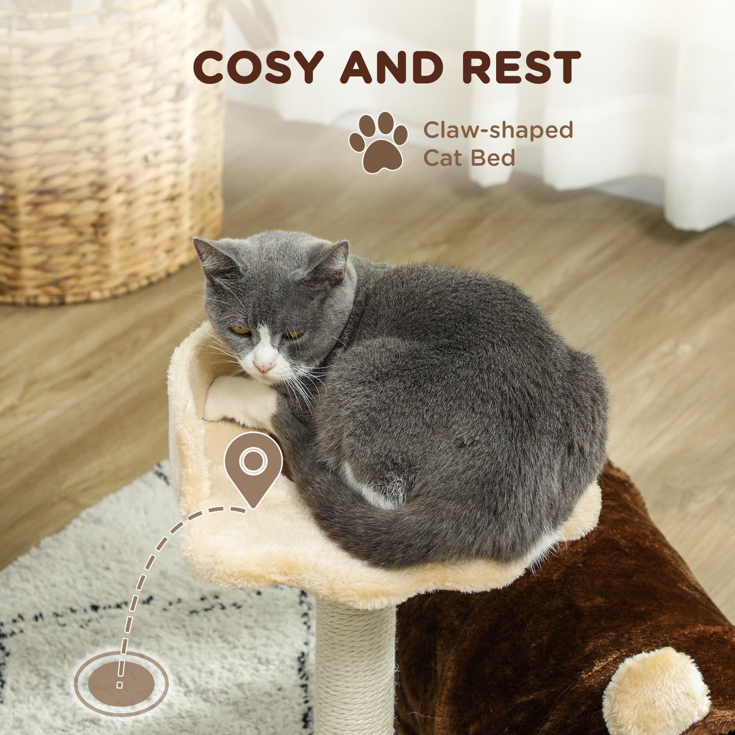 PawHut 47cm Small Cat Tree w/ Scratching Post, Bed, Cat Tunnel, Toy Ball, Dark Brown / Grey