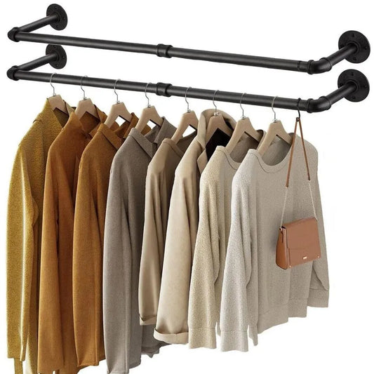 Wall Mounted Clothes Hanging Rack Rail Industrial Pipe Clothes Hanger Space-Saving Hanging Rod