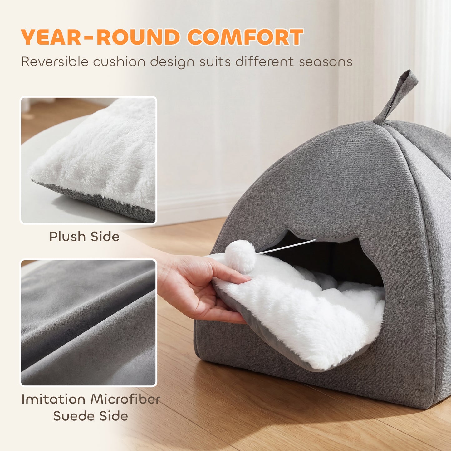 Cat Cave Bed & Cat House | Reversible All-Season Cushion | Teaser Ball | Cat-Shaped Entrance | Anti-Slip Base | 42x42x39cm | Suits Cats to 5kg | Grey