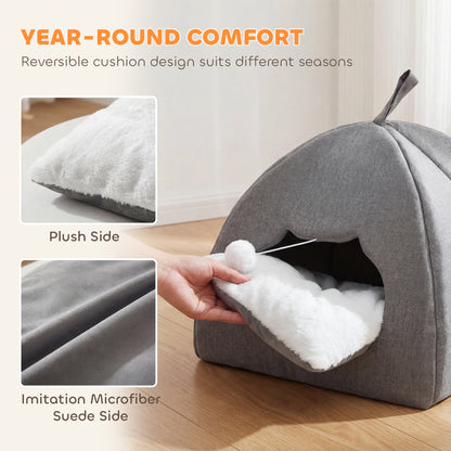 Cat Cave Bed & Cat House | Reversible All-Season Cushion | Teaser Ball | Cat-Shaped Entrance | Anti-Slip Base | 42x42x39cm | Suits Cats to 5kg | Grey