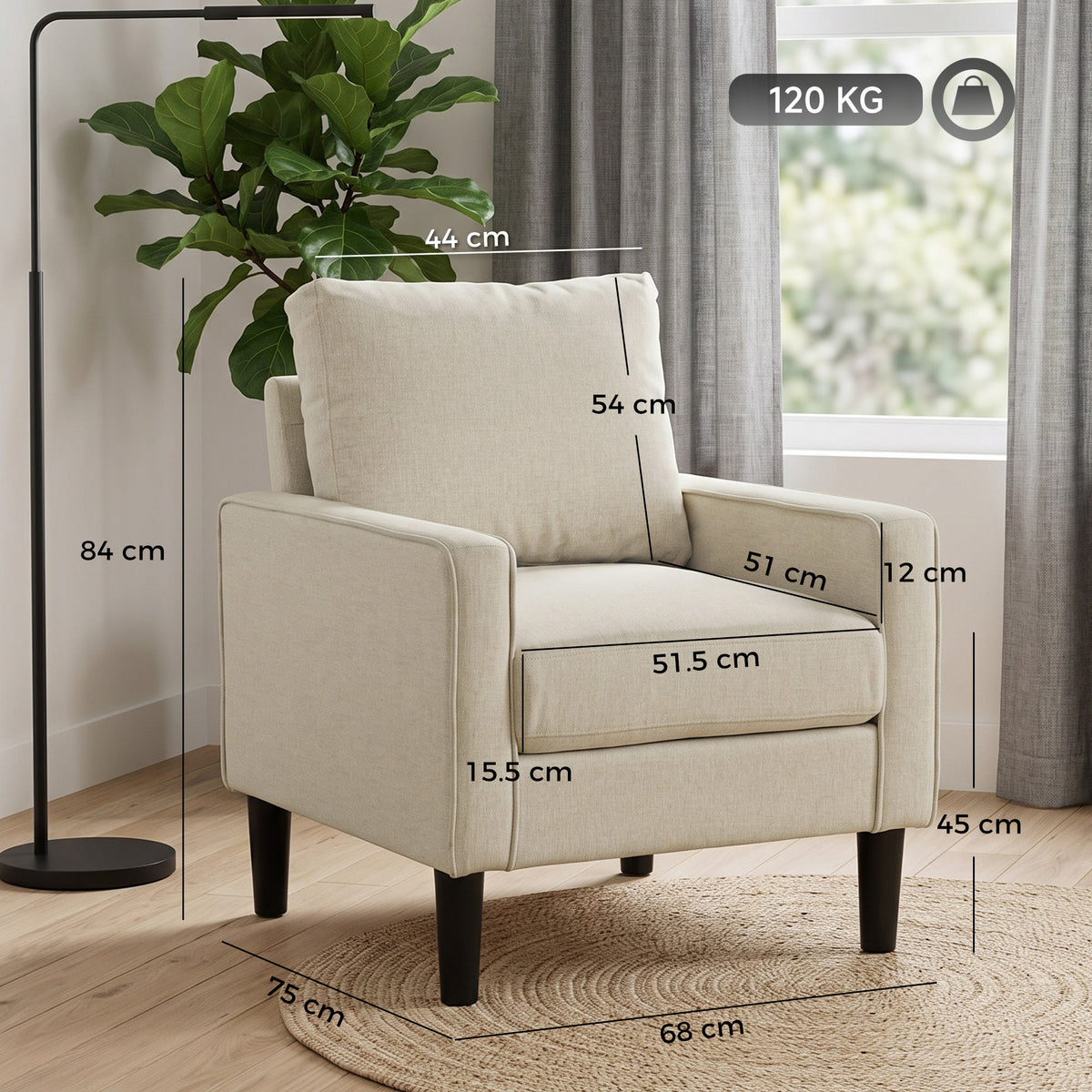 Accent Armchair | Cream, Grey & Green Linen-Look Chair with Spring Seat and Removable Pillow