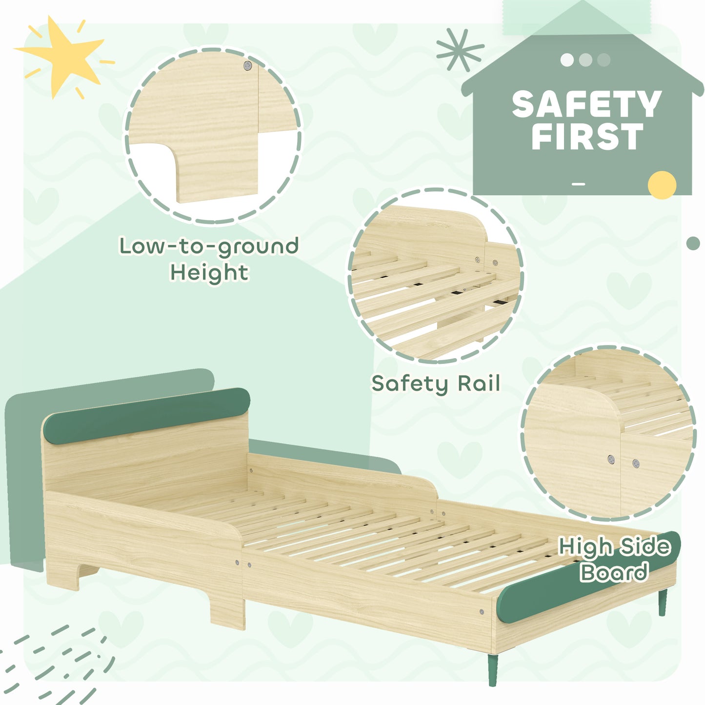 Toddler Bed with Safety Rail for Ages 3-10 Years, 195 x 103 x 60.5cm, Green