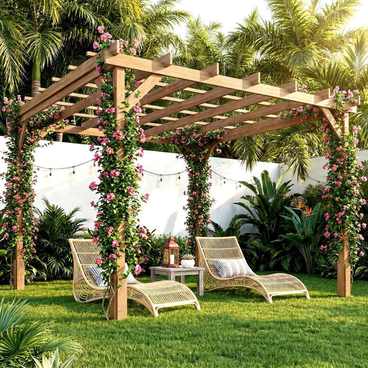 Outsunny 3 x 3 m Wooden Pergola Kit, Decorative Garden Gazebo Shelter with Stable Structure for Climbing Vines, Dark Brown