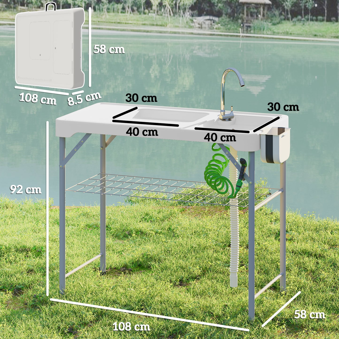 Folding Fish Cleaning Table with Twin Sinks | Faucet & Spray Nozzle | Drawer | Shelf | Basket | 80kg | Camping & Fishing | White