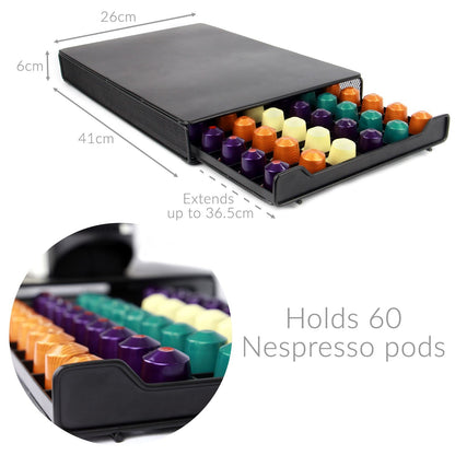 Maison & White 60-Pod Coffee Drawer | Matte Black Stainless Steel | Nespresso Compatible | 6 Sections | Sliding Drawer | Coffee Machine Stand | Non-Slip Feet | 41x26x6cm | 2-Year Warranty