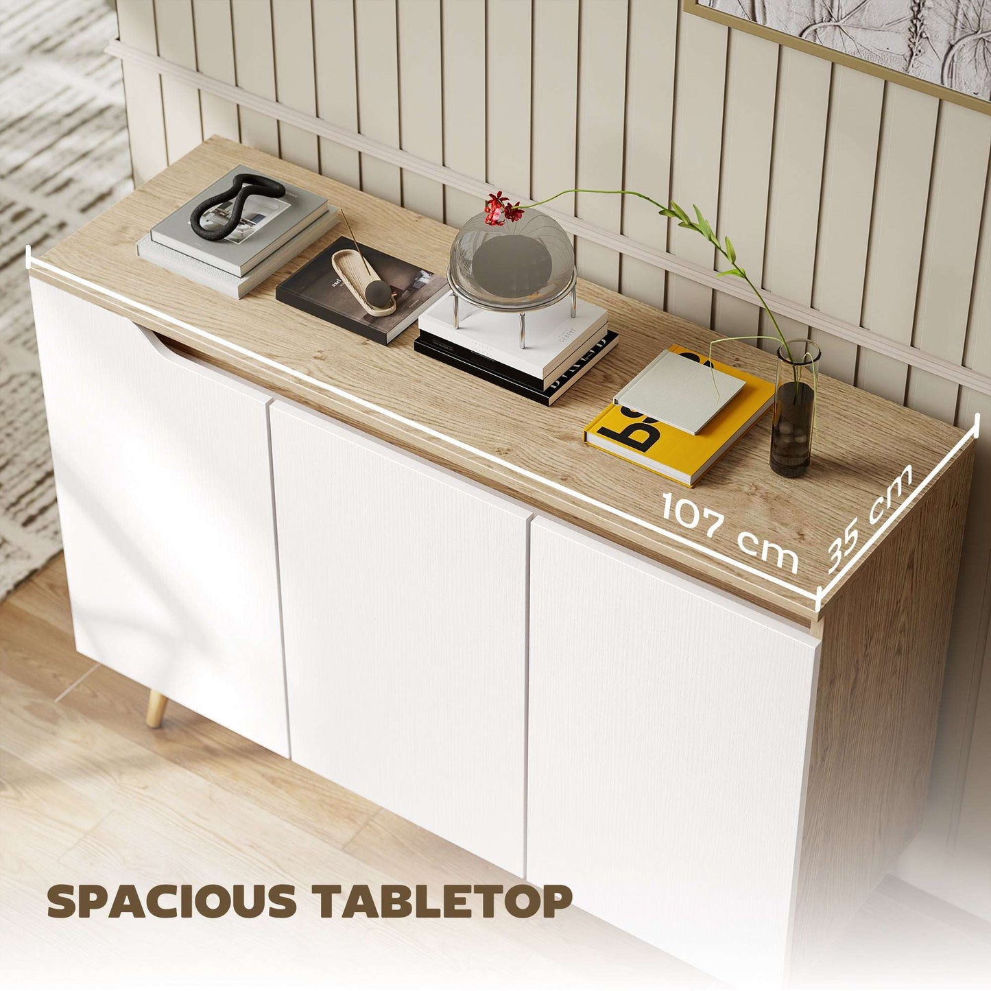 Sideboard Storage Cabinet | 3 Doors | 2 Adjustable Shelves | 5 Rubberwood Legs | Anti-Tip | 80kg | 107x35x76.5cm | White & Oak