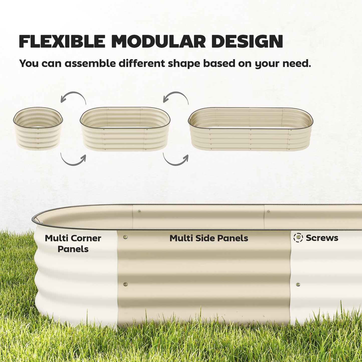 Flexible Galvanised Steel Raised Garden Bed | Safety Rubber Edging | Open Bottom | Configurable Round Oval or Oblong | 150x62x30cm | For Flowers Herbs & Succulents | Cream White