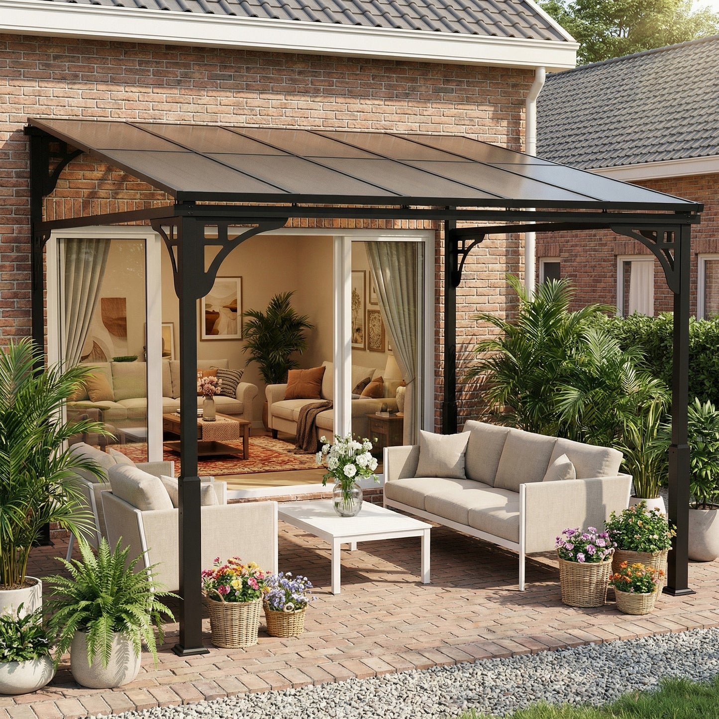 3x2.87m Wall Mounted Hardtop Lean-To Pergola | Polycarbonate Roof | Heavy-Duty Galvanised Frame | Reinforced Columns | Windproof Level 6 | Snow Load 5-10kg | All Hardware Included | Brown
