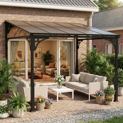 3x2.87m Wall Mounted Hardtop Lean-To Pergola | Polycarbonate Roof | Heavy-Duty Galvanised Frame | Reinforced Columns | Windproof Level 6 | Snow Load 5-10kg | All Hardware Included | Brown