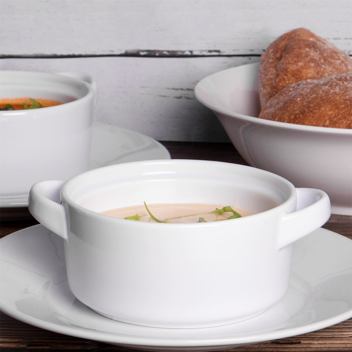 Maison & White Soup Bowls with Handles | Set of 4 × 625ml | White Stackable Ceramic Bowls for Soup, Stew & Noodles | Microwave & Dishwasher Safe