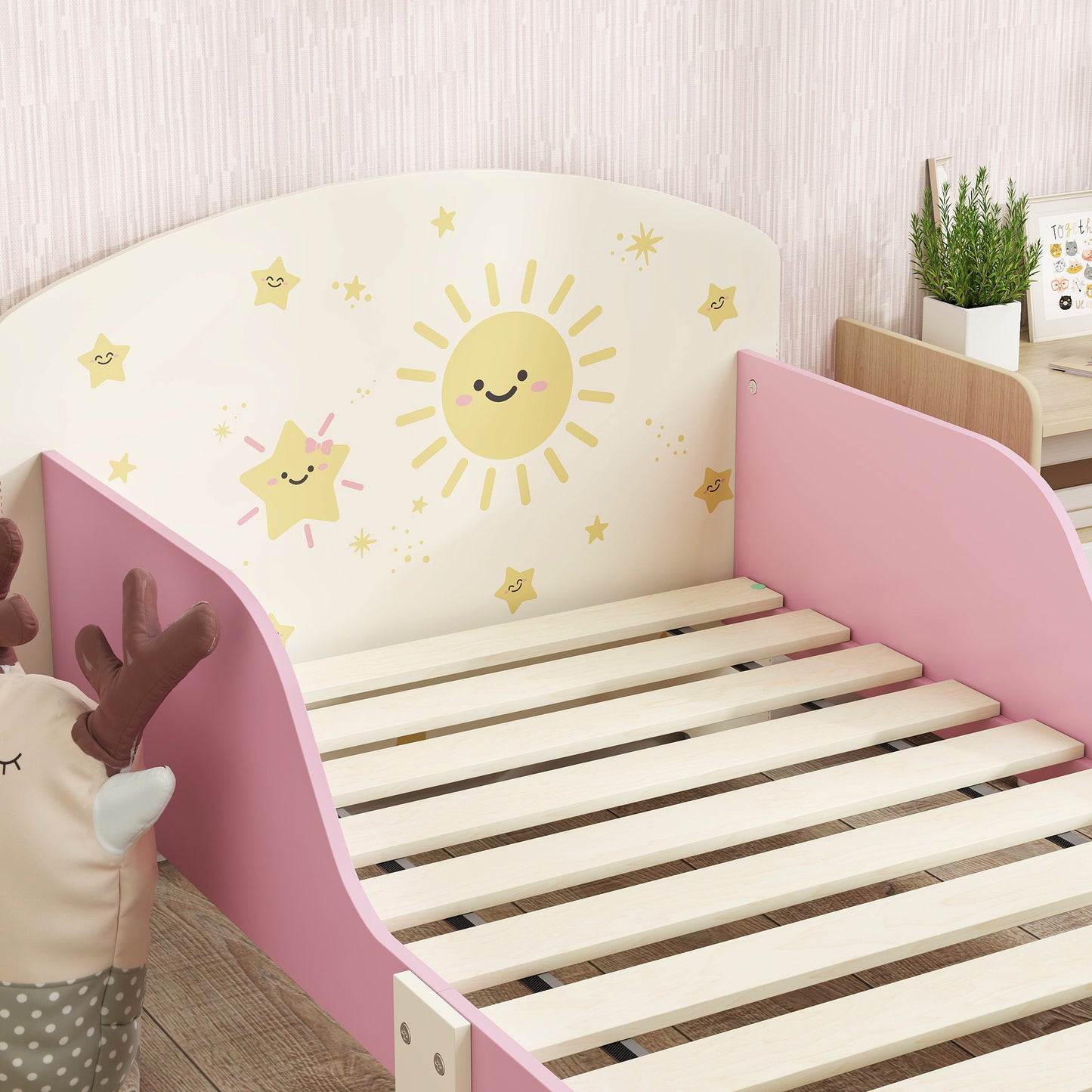 AIYAPLAY Toddler Bed with Storage, Guardrails, Sun Design, for Ages 3-8 Years, Fits 140 x 70cm Mattress,