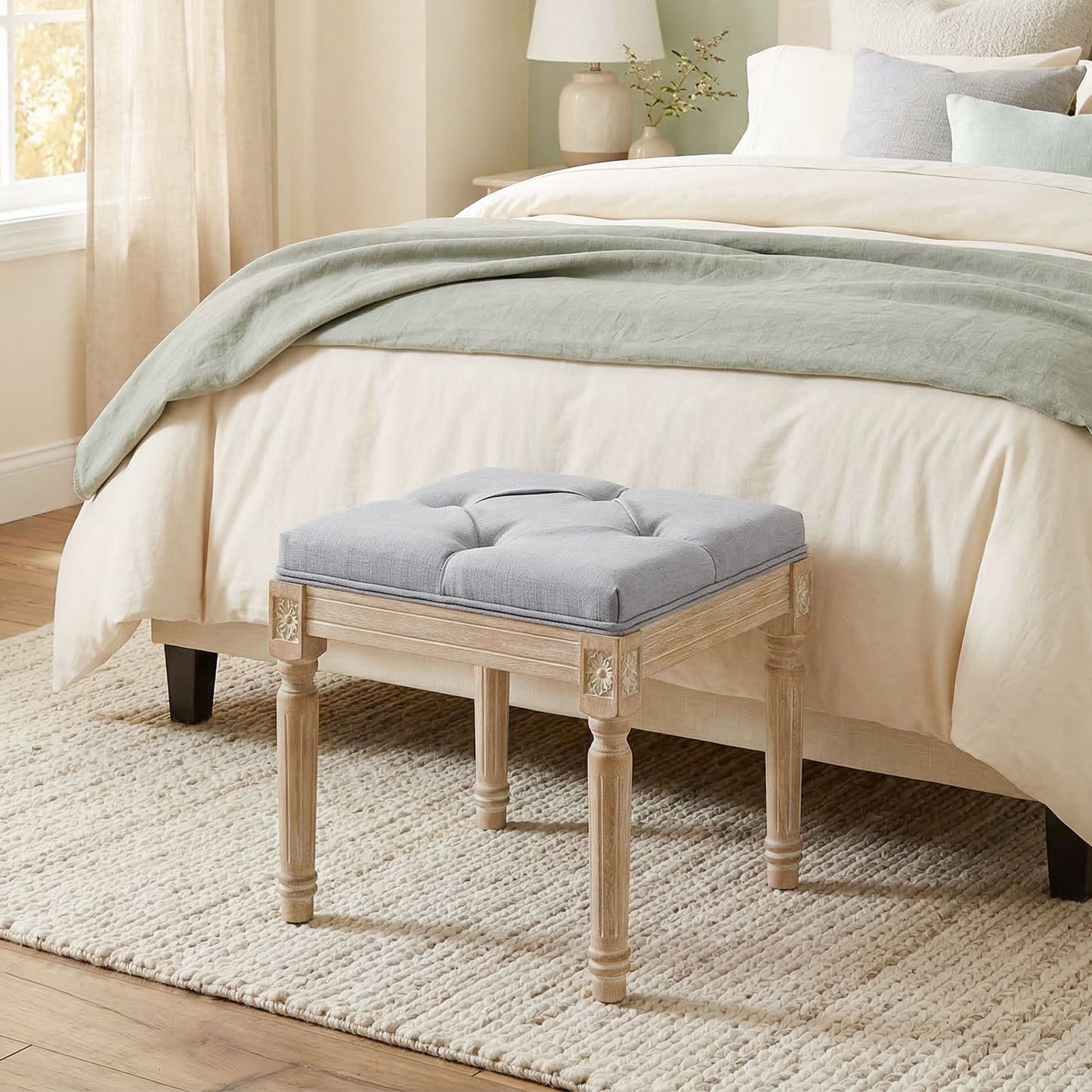 Vintage Retro Style Foot Stool, Tufted Square Footrest with Wood Legs, Light Grey