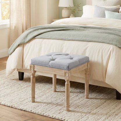 Vintage Retro Style Foot Stool, Tufted Square Footrest with Wood Legs, Light Grey