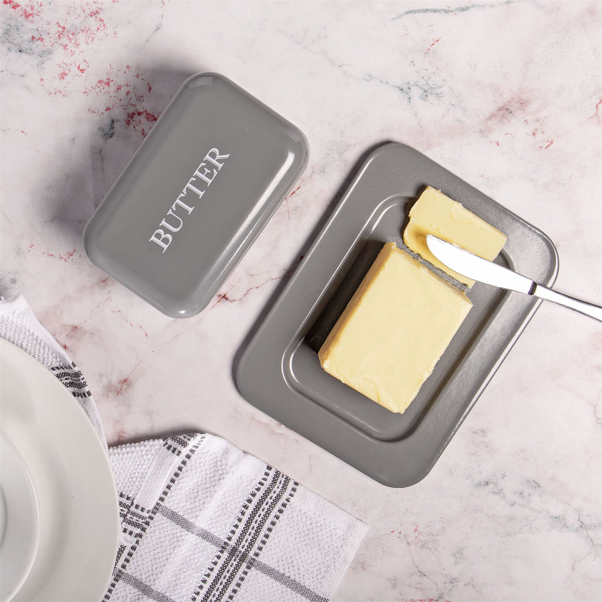 Maison & White Butter Dish with Lid | Grey Enamel-Coated Steel | Vintage-Style Covered Serving Tray | 20 × 14.5 × 7.5cm