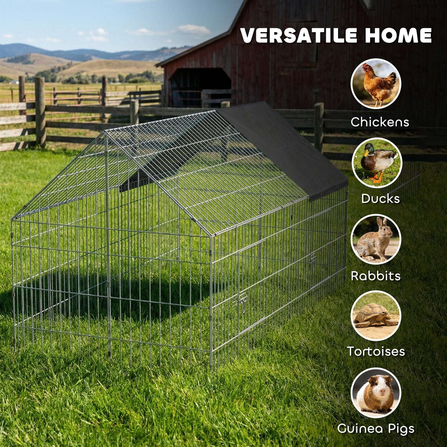 Outdoor Animal Run | 180x75x75cm | Oxford Canopy | Dual Latch Doors | Ground Stakes | Powder Coated Steel | Rabbits Chickens Guinea Pigs | Black