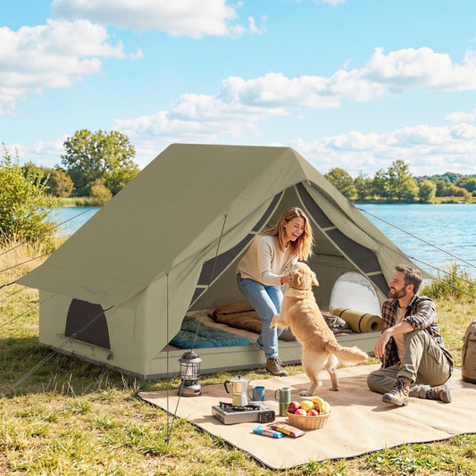 Inflatable Camping Tent | 2-4 Person | 5-Min Setup | Waterproof Oxford | Level 4 Wind | 300x210x190cm | Army Green